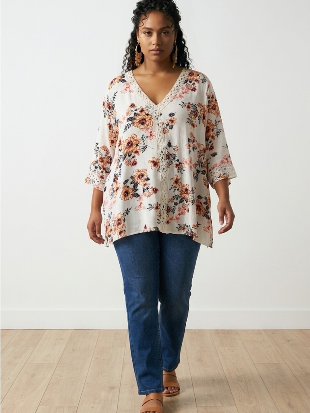 Plus Size 4X Cream Floral Tunic Top Boho Crochet V-Neck Rayon Flowy 90s
